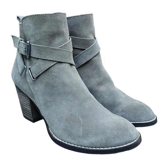 Buckle Detail Heeled Ankle Boot Sam Edelman Morris Size 8.5 Taupe Suede Leather - Picture 1 of 14